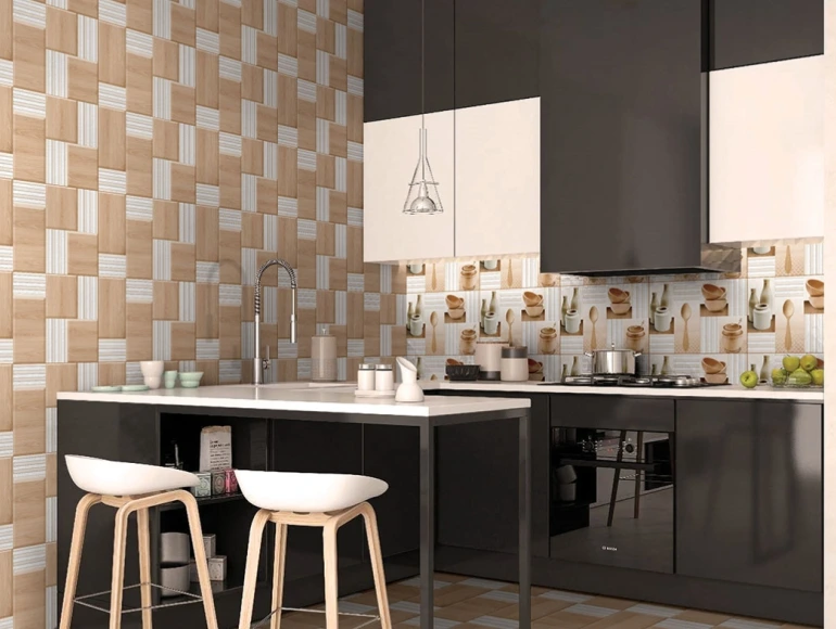 L shape kitchen design with wood-patterned tiles, black cabinets, and a stylish breakfast counter.